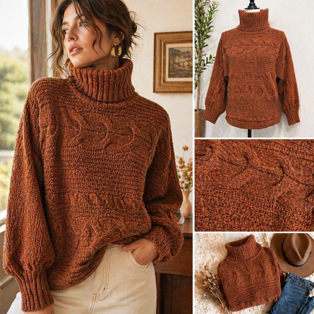 Olive & Oak Chunky Knit Turtleneck Sweater L Rust Orange Textured‎ Cozy Pullover